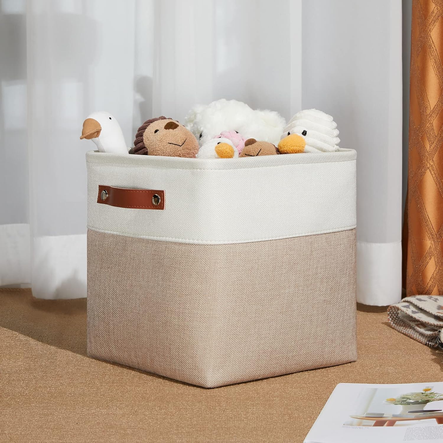 DULLEMELO 11 inch Cube Storage Bins, Large Collapsible Grey Storage Baskets for Square Cubes Organizing, Fabric Boxes Bins for Shelves Nursery Home Office Storage(4 Pack - 11" White&Khaki)