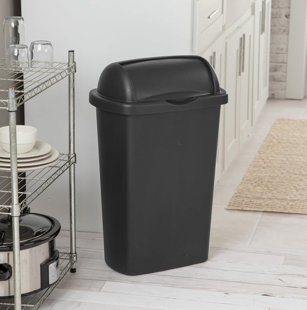 13 Gallon Roll Top Wastebasket – Lift-Open Kitchen Black Trash Can 13 Gallon, Large Office/Home Garbage Basket,Black