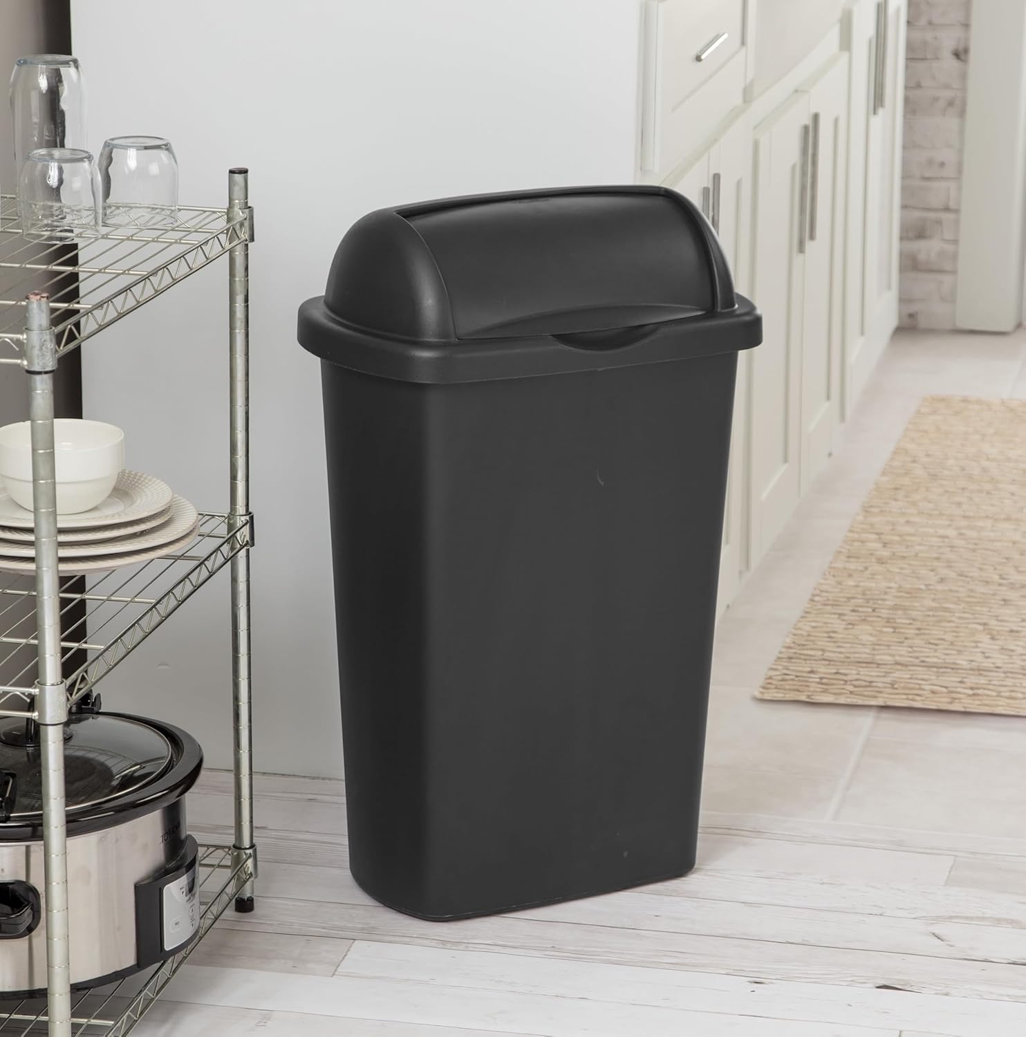 13 Gallon Roll Top Wastebasket – Lift-Open Kitchen Black Trash Can 13 Gallon, Large Office/Home Garbage Basket,Black