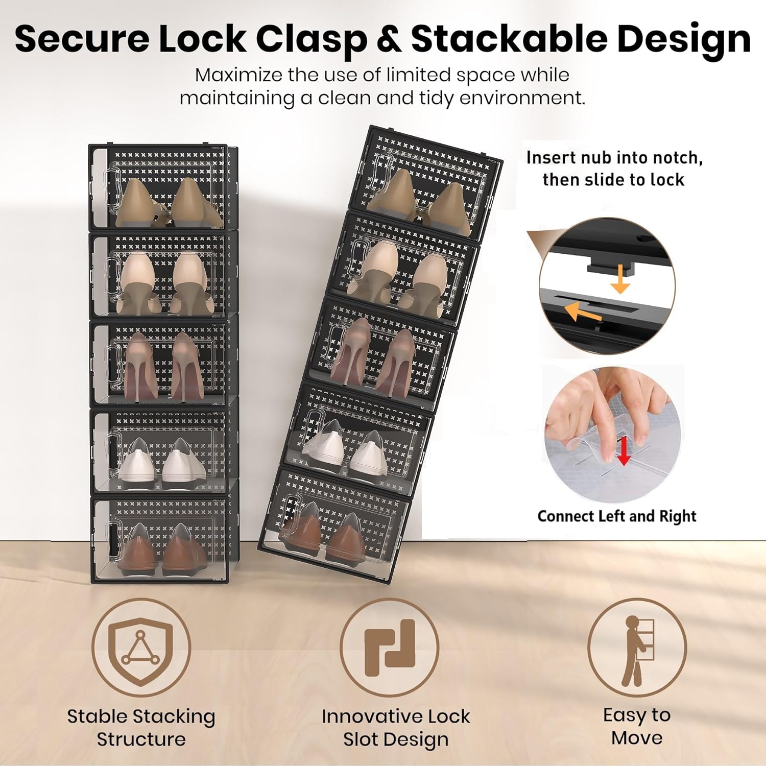 12 Pack XXX-Large Modular Clear Plastic Stackable Shoe Storage Organizer for Closet, Space Saving Versatile Sneaker Shoe Rack Containers Bins Holders, Portable Closet Organizers and Storage, Black