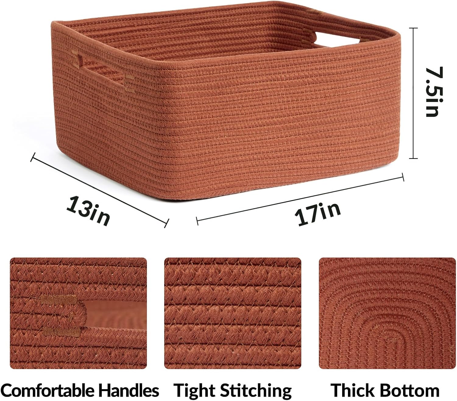 Large Storage Baskets for Shelves, Closet Organizers Bins for Clothes Blanket Towels, Baby Nursery, Toy Baskets Box, Woven Rope Baskets, 17 x 13 x 7.5”, 3 Packs Oxide Red