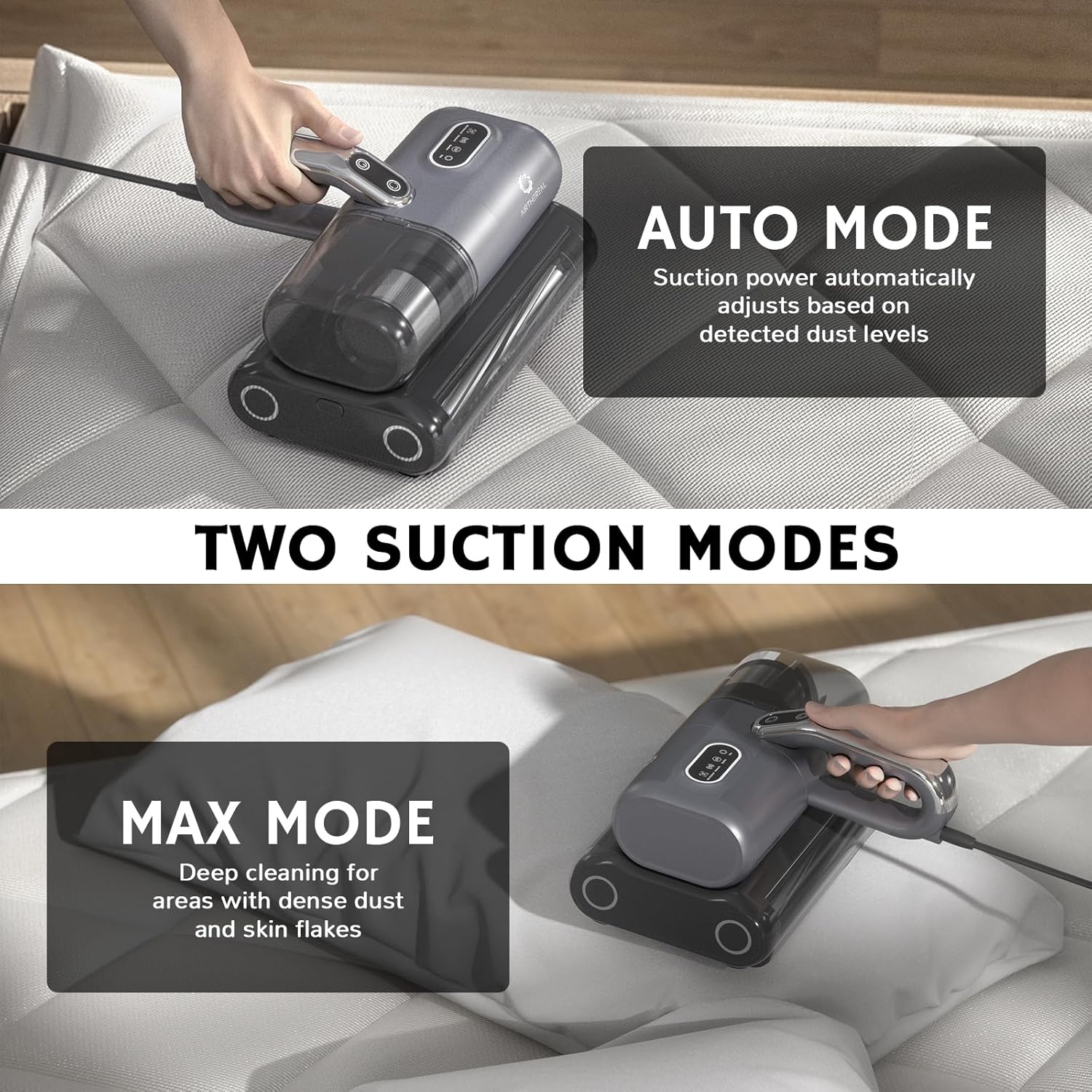AIRTHEREAL M1 Mattress Vacuum Cleaner, 6 in 1 Bed Vacuum with High-Frequency Vibration - 80,000 RPM Dual Brushroll Rotation, UV-C Light, 14Kpa Suction, Dust Sensor, Ultrasonic and Heating Tech