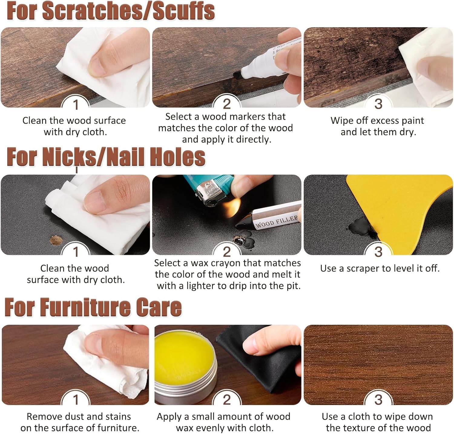 SEISSO Furniture Repair Kit, 18 Colors Touch Up Markers and Wood Filler Sticks with Wood Polish Wax - Furniture Touch Up Kit Cover Up Scratches, Stains, Holes for Wooden Table, Cabinet, Floors, Door