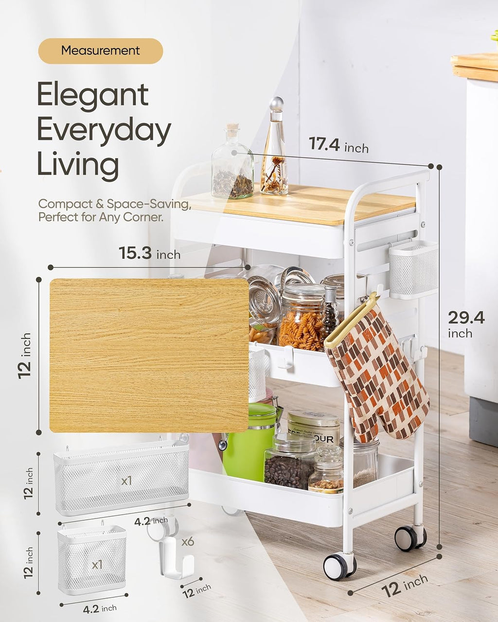 Art Cart with Tabletop & Pegboard - 3-Tier Rolling Utility Cart with Wheels, 2 Baskets & 6 Hooks - Metal Storage Organizer for Home, Office, Crafting & Kids’ Art Supplies (White)