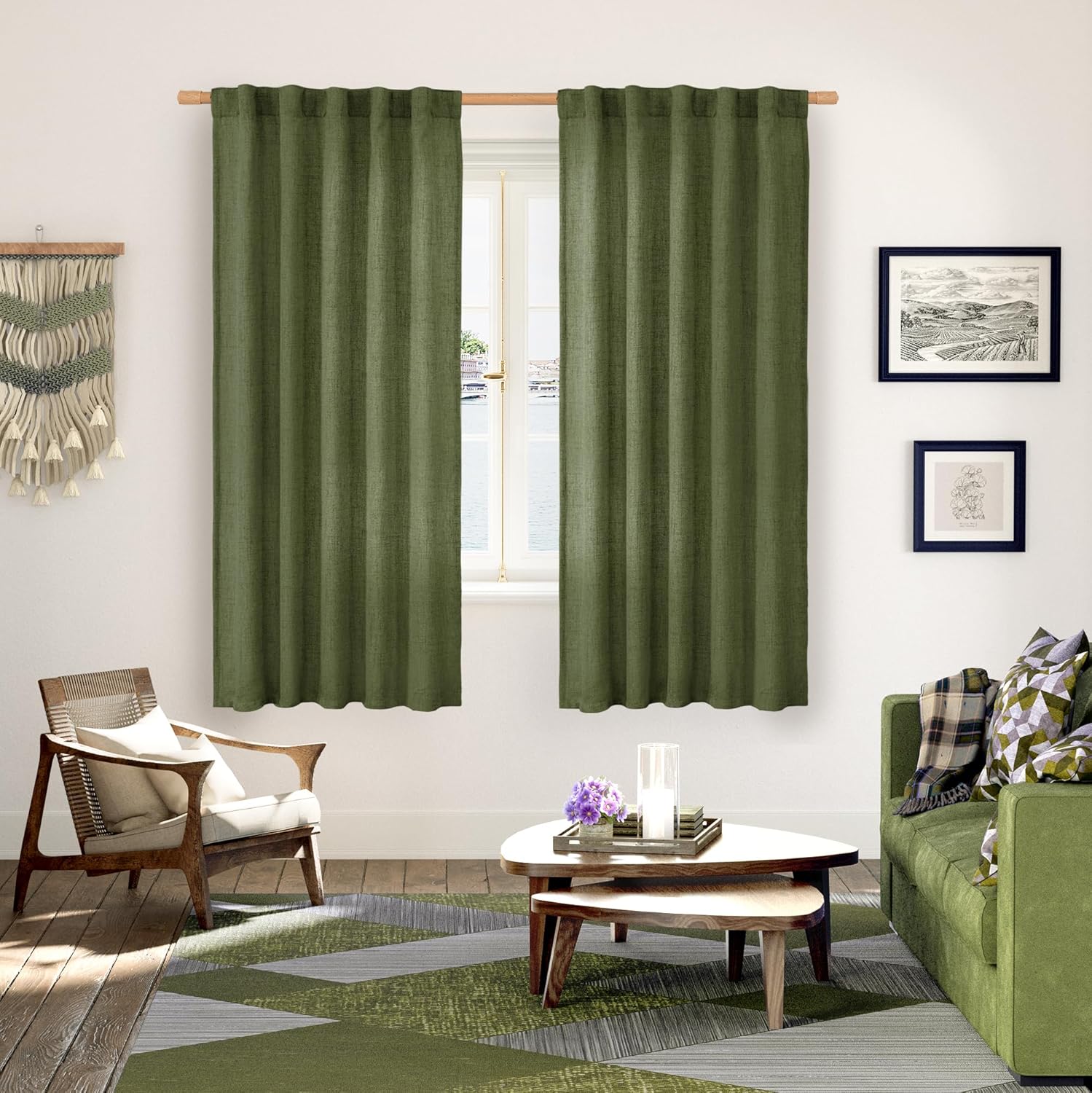 YoungsTex Olive Green Linen Curtains 63 Inch Length for Living Room, Rod Pocket Back Tab Light Filtering Drapes Semi Sheer Window Treatments for Bedroom Farmhouse, 2 Panels, 42 X 63 Inch