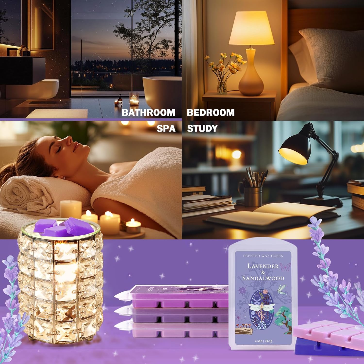 SCENTORINI Wax Melts, Wax Cubes Strong Scent, Long Lasting Lavender Scented for Sleep, Wax Melts for Warmer, 2.5 oz 4-Pack - Lavender & Gardenia, Sage, Chamomile, Sandalwood