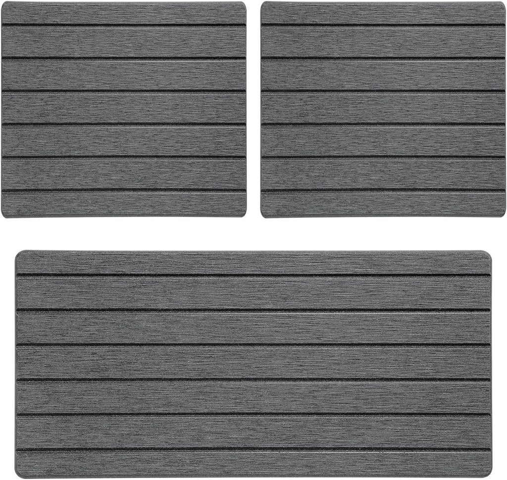 3 Pack Diatomite Stone Sink Tray, Water Absorbing Mat for Kitchen & Bathroom Counter, Quick Dry Soap Dish Makeup Vanity Caddy,Sponge Holder Organizer, Dark Gray 2pcs of 8"x 3.8" and 1pc of 3.8"x 3.8"