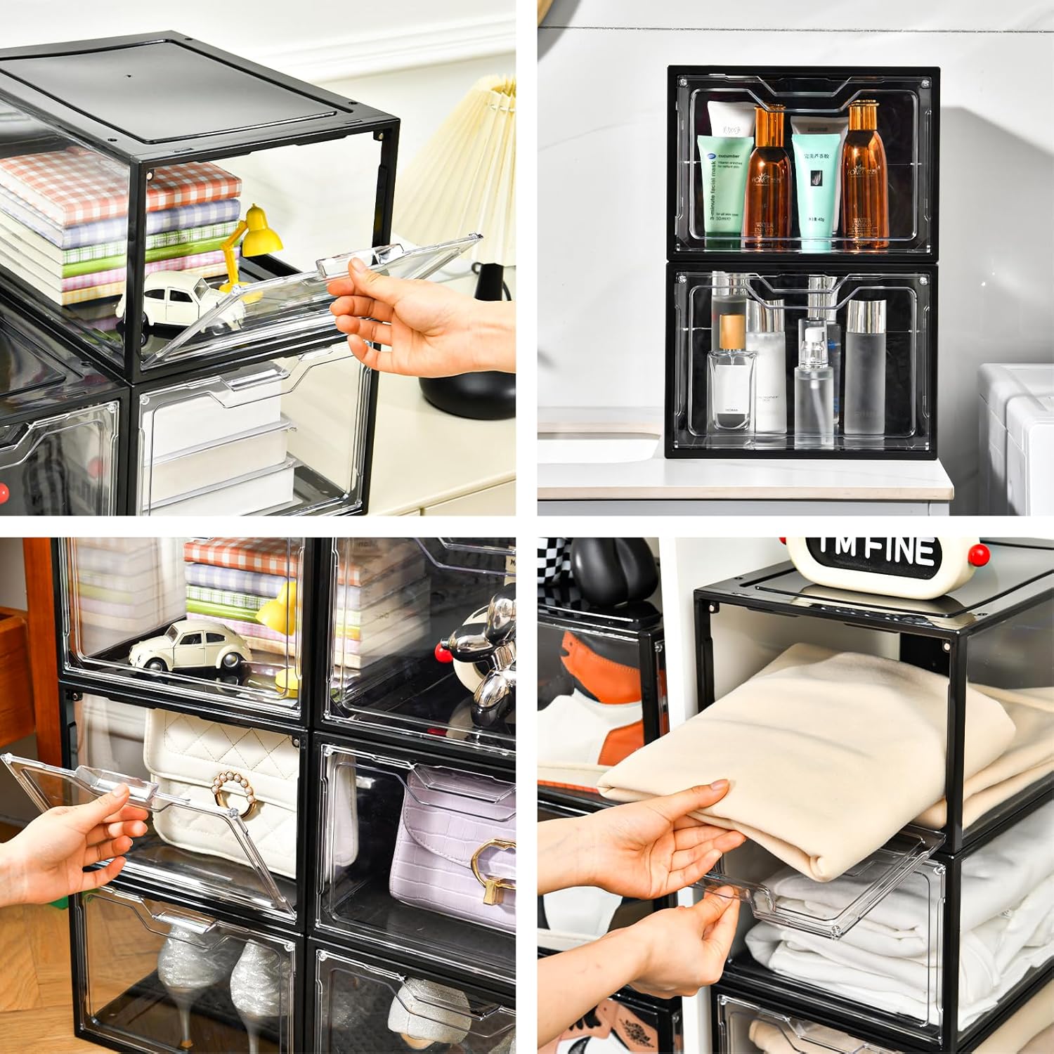 12 Pack Stackable Shoe Storage Organizer with Magnetic Door, Shoe Boxes Clear Black Plastic for Closet, Shoe Rack for Sneaker Boot Container, Shoe Cabinet Fit up to US Size 12