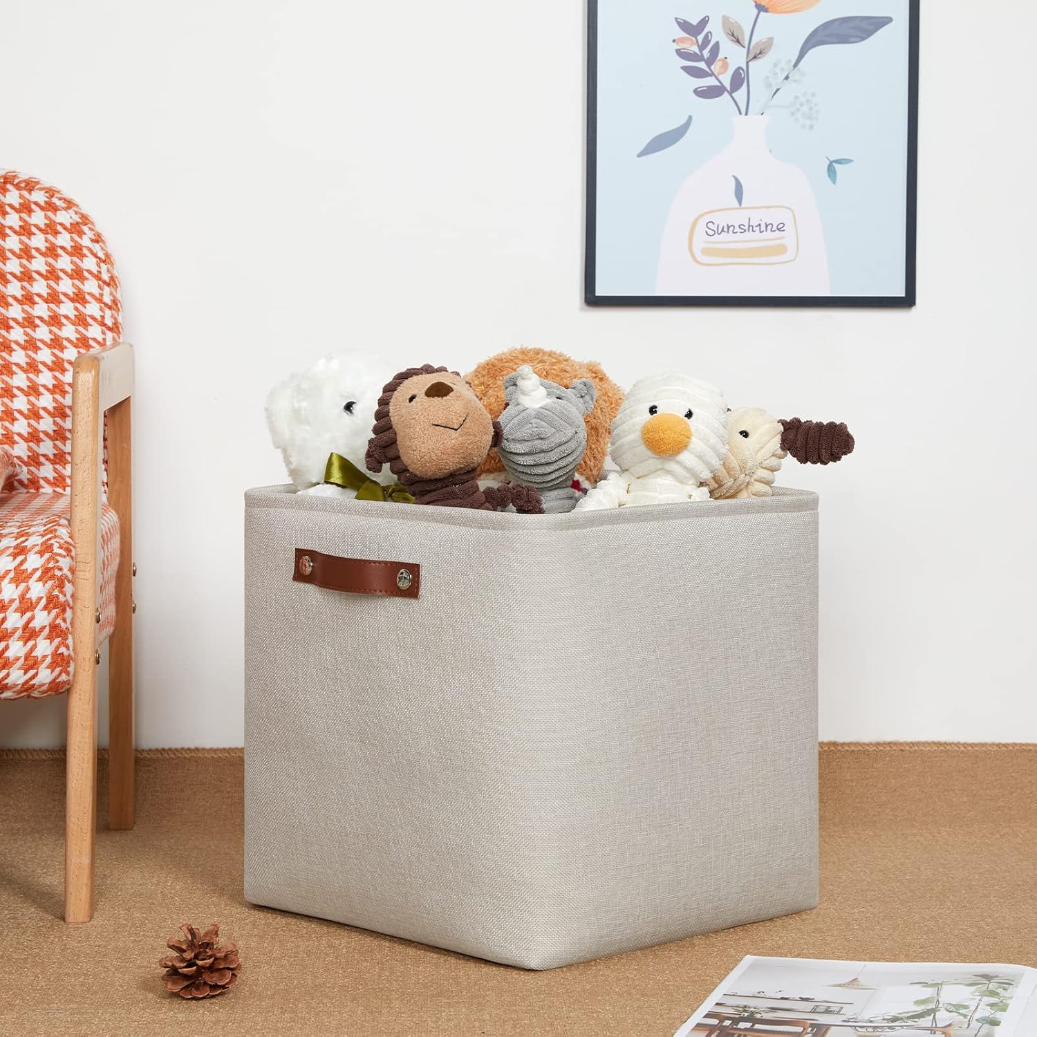 DULLEMELO Storage Bins, 4 Pack Of 13x13x13 Decorative Storage Cube Bins Suit Office, Home, Shelves And Closet, Cube Storage Bin with Leather handle(4 Pack - 13" Beige)