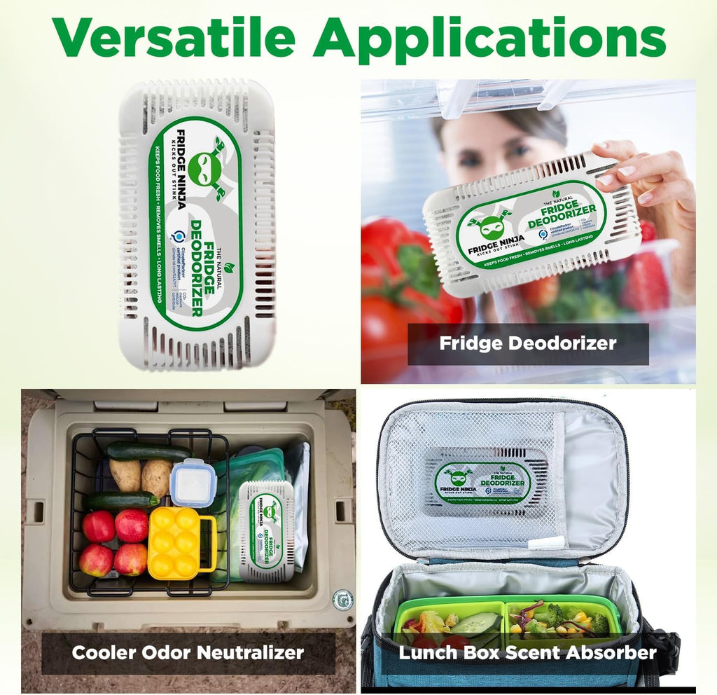 Fridge Ninja Fridge Deodorizer (4 Pack) - More Effective Than Baking Soda - Natural and Unscented Activated Charcoal Refrigerator Deodorizer and Odor Eliminator for Freezers, Coolers, and Lunch Boxes