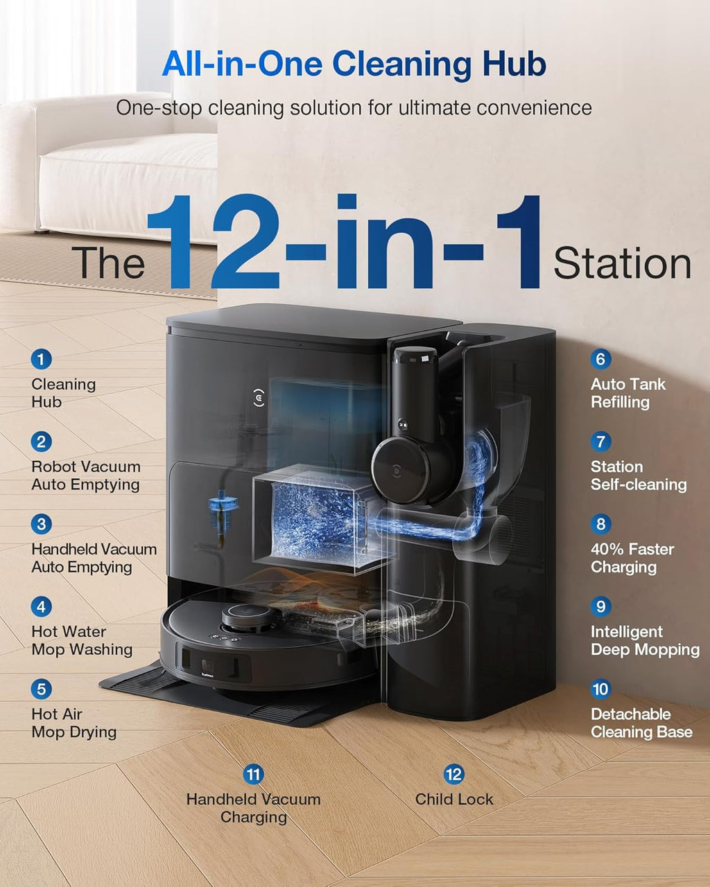 ECOVACS DEEBOT T30S Combo Robot Vacuum and Mop, All-in-One Cleaning Hub, 11000Pa, ZeroTangle Technology, TruEdge Adaptive Edge Mopping, Dual Self-Emptying, Hot Water Washing, Auto-Mop Lifting