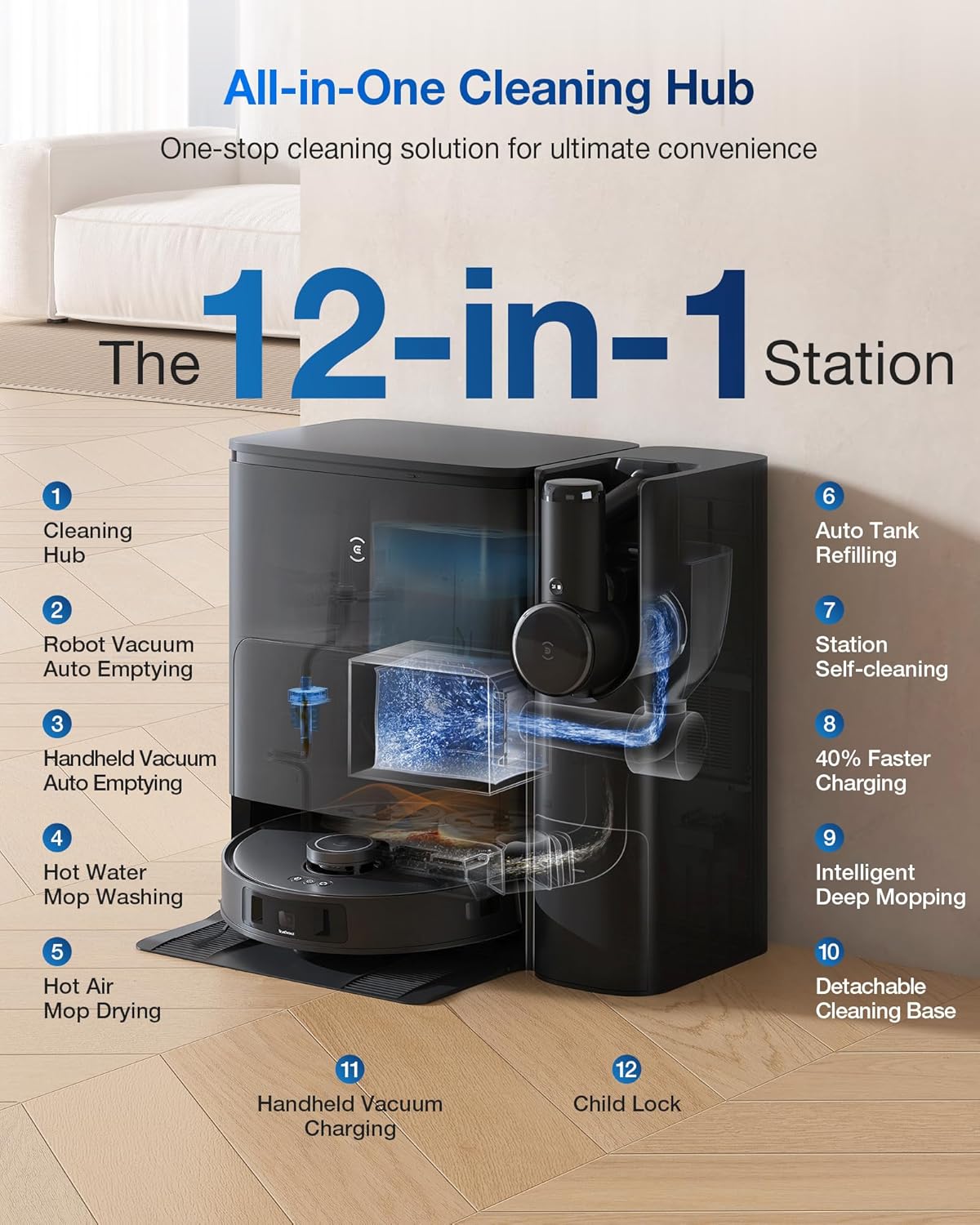 ECOVACS DEEBOT T30S Combo Robot Vacuum and Mop, All-in-One Cleaning Hub, 11000Pa, ZeroTangle Technology, TruEdge Adaptive Edge Mopping, Dual Self-Emptying, Hot Water Washing, Auto-Mop Lifting