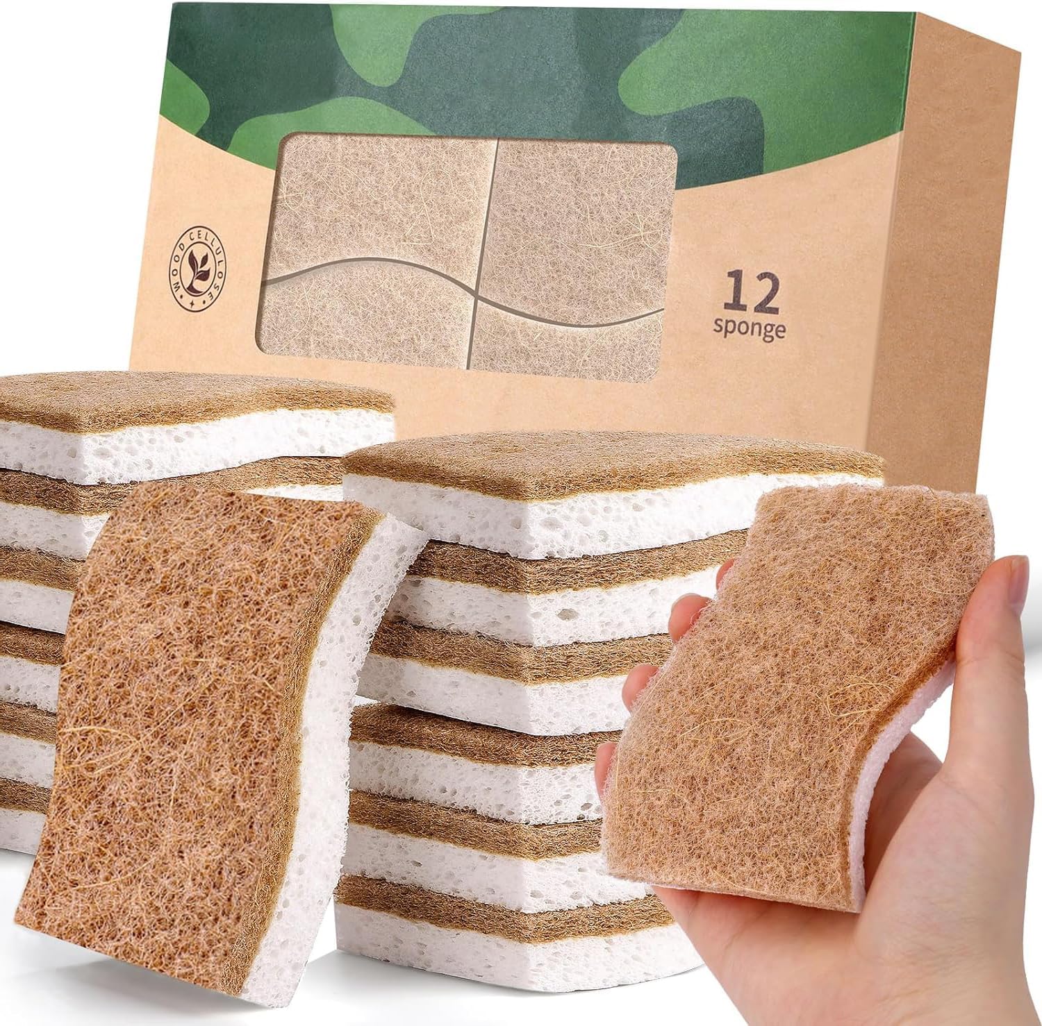 12Pack Natural Kitchen Sponge, Biodegradable Cellulose and Coconut Scrubber, Eco Friendly Sponges for Dishes