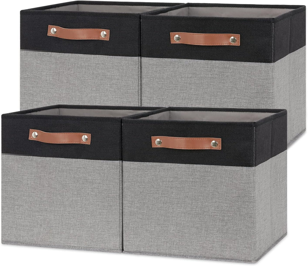 Temary Fabric Cube Storage Bins 12 Inch Decorative Storage Cubes Baskets 4 Pack Foldable Cube Storage Bins for Closet, Shelves (Black&Grey)