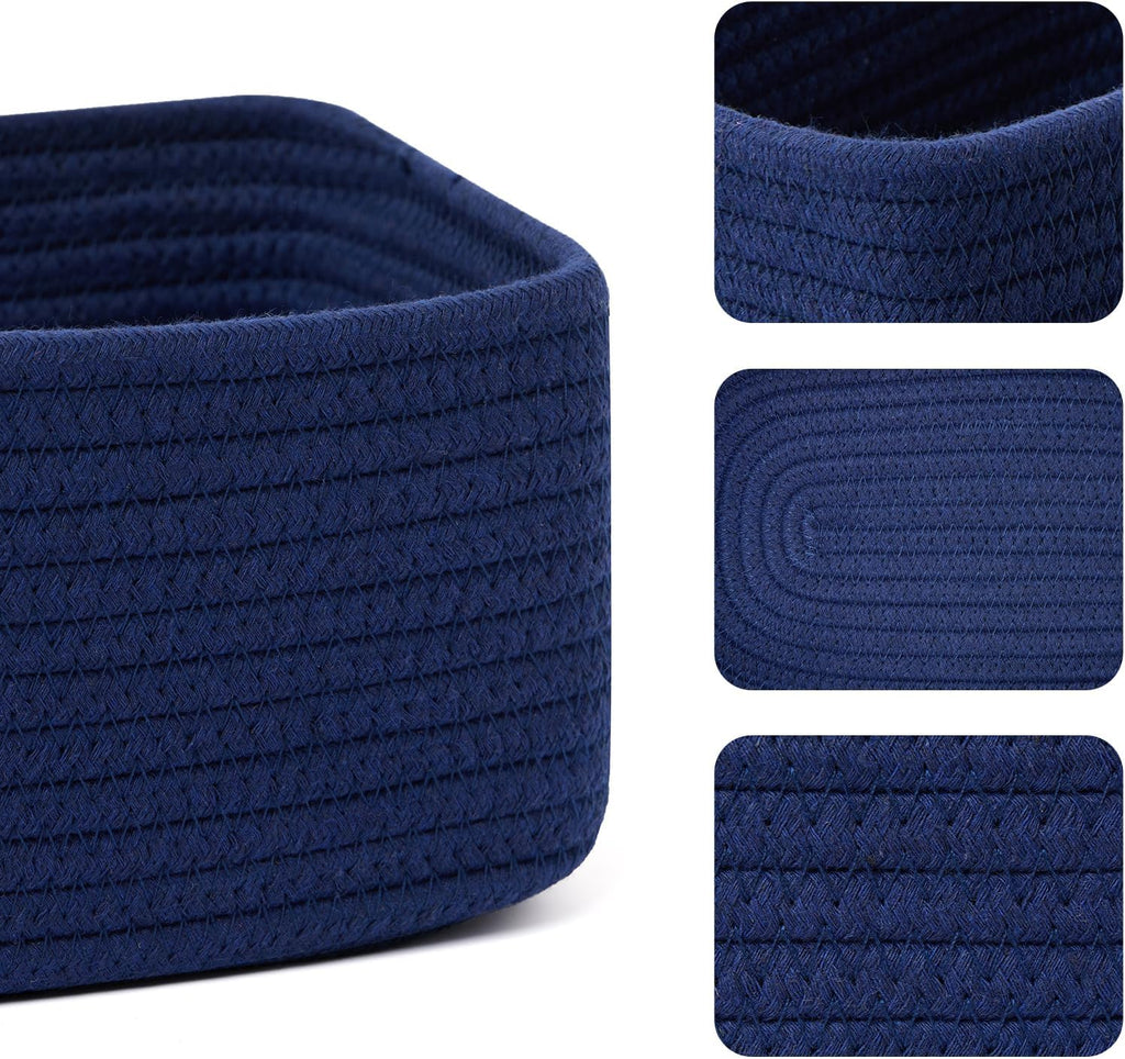 Small Storage Baskets for Organizing | Closet Organizer Bins | Shelf Toy Basket | Woven Rope Baskets | Cube Decorative Box | Shallow Basket | 11.5x7.5x4.7” | 3 Packs Navy Blue