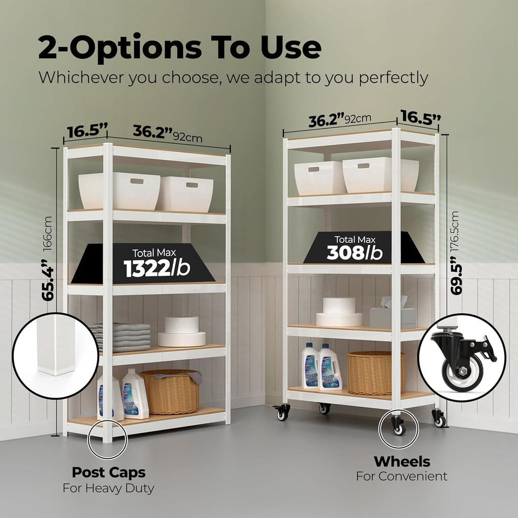 HOMEDANT House White 5-Tier Metal Rolling Cart Shelf Rack Casters Heavy Duty Wheel Shelving Unit Adjustable Utility Storage Shelves Organizer Shelf Kitchen Garage 36.2" W x 16.5" D x 69.5" H 1Pack