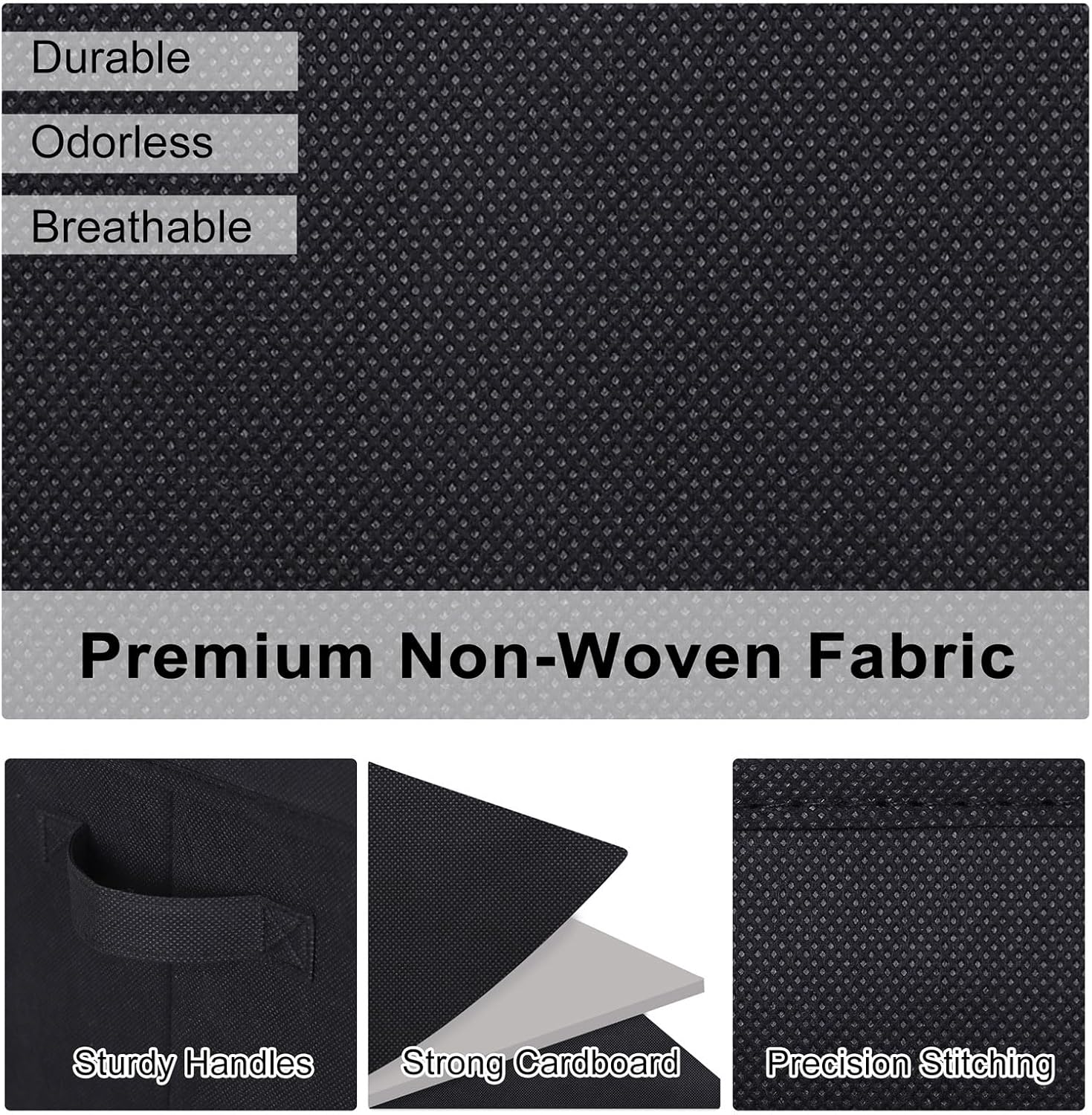 WUIKE Foldable Fabric Storage Bins with Handles, Closet Storage Baskets for Shelves and Clothes Organization, Large Black Shelf Baskets, 3-Pack, Black, Large