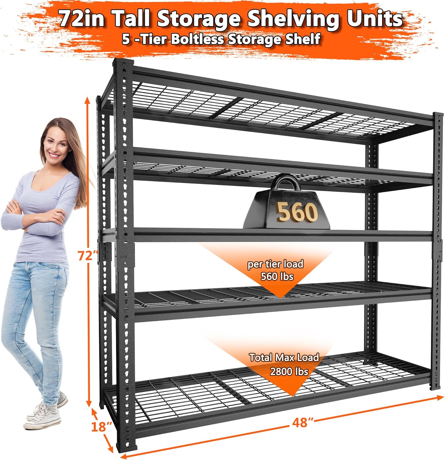 Storage Shelves Heavy Duty, 3 PCS 48" L x 18" W x 72" H Garage Wire Shelving Unit Loads 2800LBS, 5-tier Adjustable Metal Industrial Utility Shelf Rack for Kitchen, Laundry Room, Warehouse, Basement