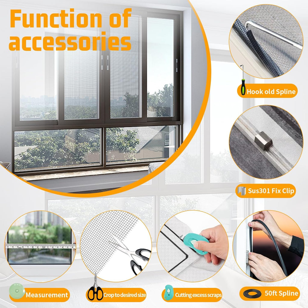 Window Screen Replacement,Screen Door Repair Kit, 48"x178" Grey Window Screen Mesh,Including 50 FT Splines+Hooks+2 Rollers+8 Clips+Scissors+Knife+Tape Measure,Fully Equipped Window Screen Repair Kit