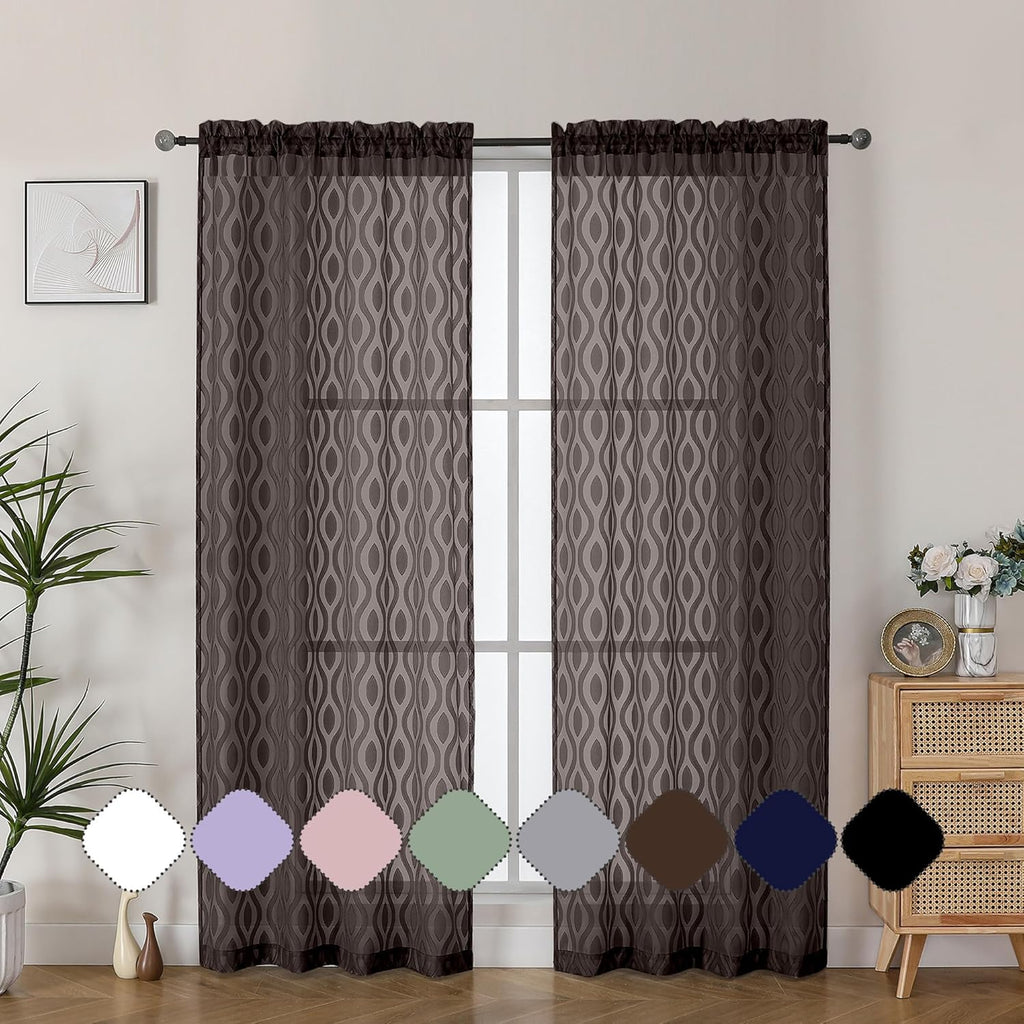 Aiyufeng Brown Sheer Curtains 72 Inches Long 2 Panels, Lightweight Clip Jacquard Textured Sheer Privacy Curtains for Bedroom Living Room, Classic Wavy Line Design Door Curtains, 40" Wx72 L Inches