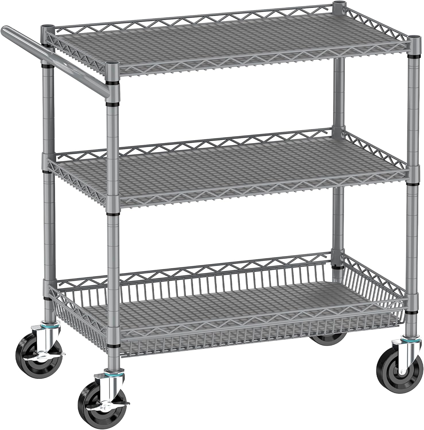Metal Heavy Duty Carts with Wheels 1050lbs, 3 Tier Rolling Utility Cart with Storage, Steel Wire Carts with Handle Bar&Shelf Liner, Commercial Grade Trolley for Kitchen, Grocery