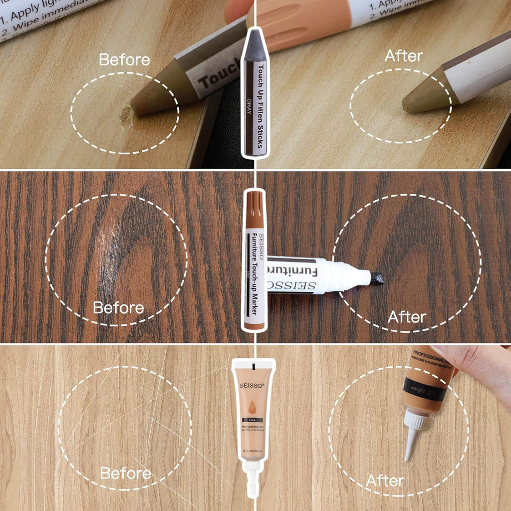 SEISSO Wood Furniture Repair Kit, 42 Pcs Wood Filler and Touch Up Markers with Wax Sticks, Vinyl Floor Repair Kit for Scratches, Cracks, Holes, Discoloration for Door, Stain, Floor, Table, Cabinet