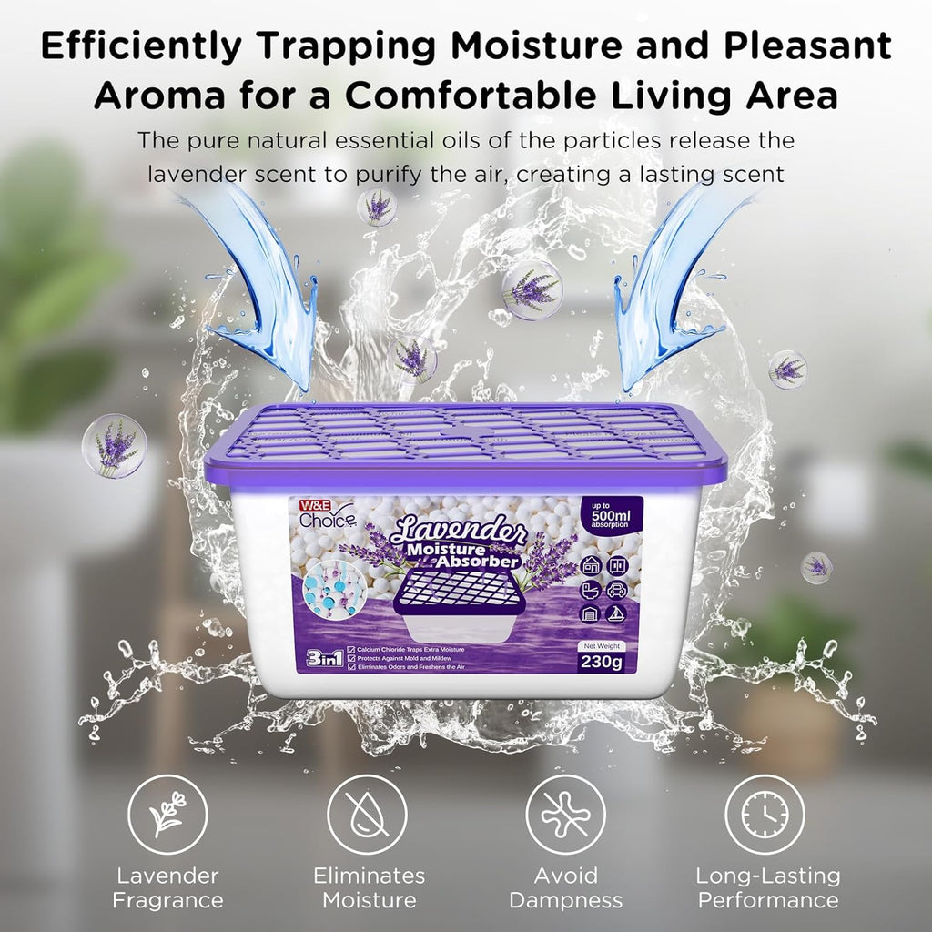 W&E Choice Moisture Absorbers with Lavender Scent, Portable Dehumidifier for Closet & Bathrooms, Kitchen, Humidity Absorber Odor Eliminator Absorber, 12Pack