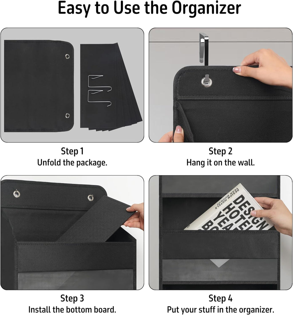 Over Door Organizer with 5 Large Pockets, Heavy Duty Hanging Organizer Storage, Closet Bathroom Nursery Bedroom Dorm, Toys Cosmetics Sundries and Baby Essentials, Black