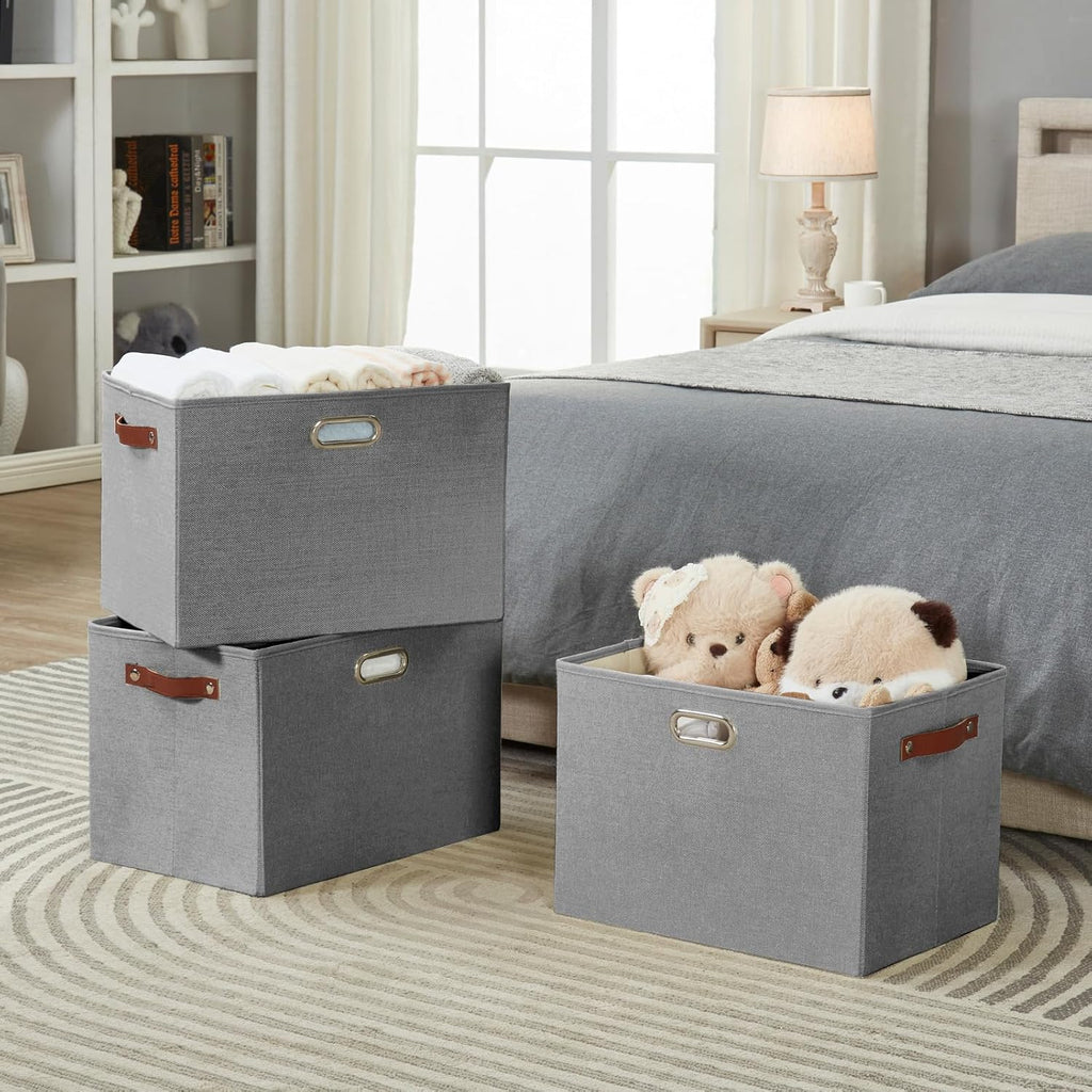 3-Pack Foldable Fabric Storage Bins with Durable PU & Metal Handles, Collapsible Storage Baskets for Shelves, Home Storage, Closet Organizers, Living Room(17"x11.8"x11.8", Grey)