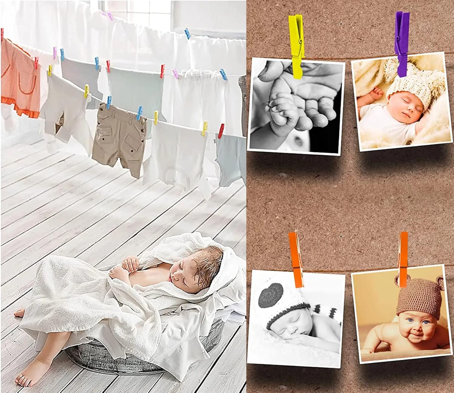 1.8 Inch Silver Wooden Clothespins Hold Picture Photo Clothesline Pins Hanging Christmas Cards with Jute Twine Pack 50
