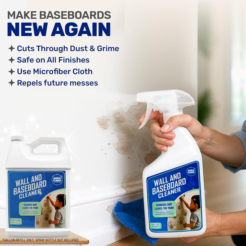 Wall & Baseboard Cleaner - Safe for Painted Walls & Trim | Eco-Friendly, No-Rinse, Kid & Pet-Safe | Anti-Resoil, Streak-Free Finish | Made in the USA | Refill - 1 Gallon (128 Fl Oz)