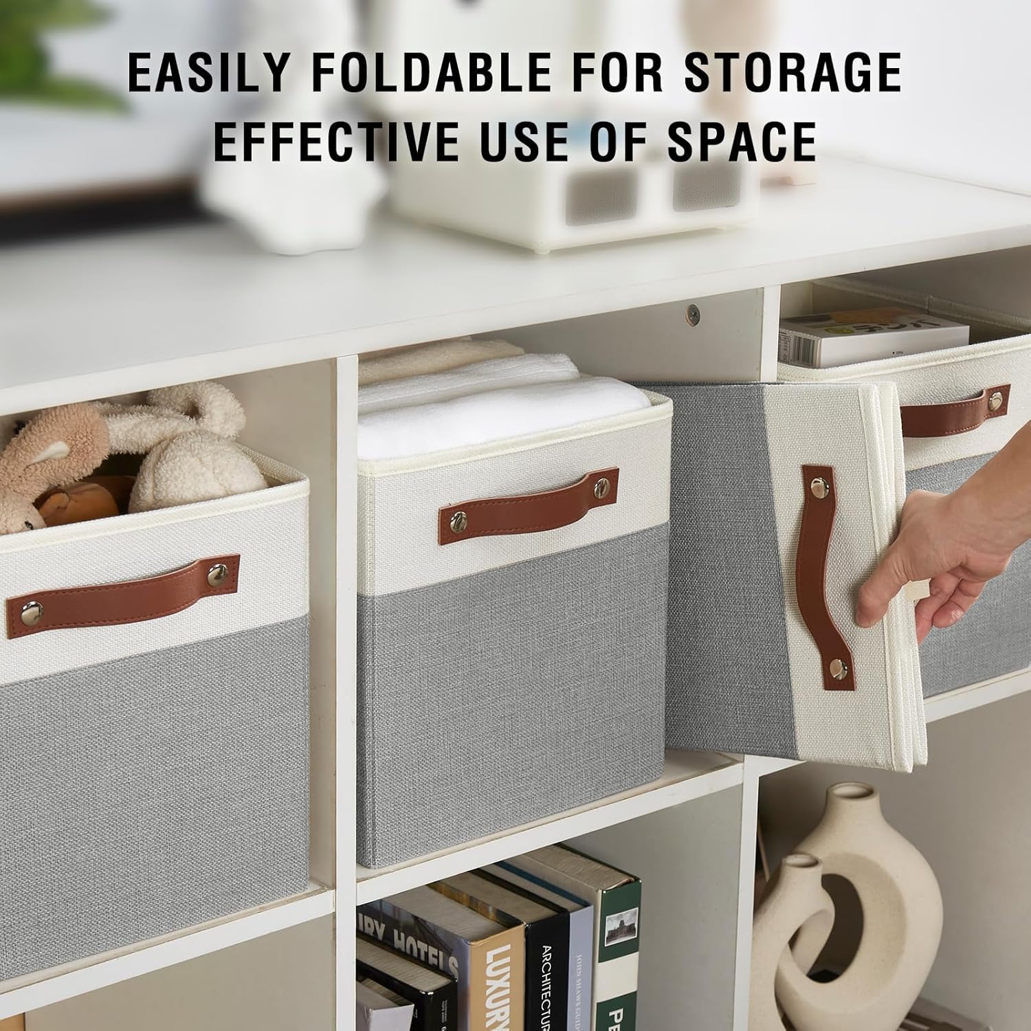 Collapsible Fabric Storage Cube Bins with 2 Reinforced PU Handles, Foldable Storage Organizer Baskets for Closet, Shelves, Living Room | 11"x11"x11", 4 Pack, Gray & White