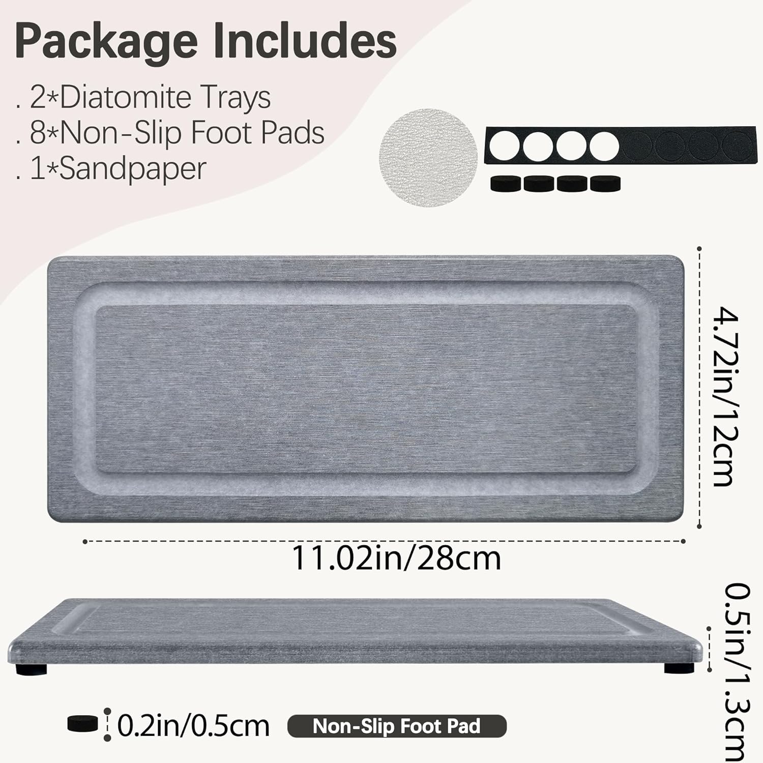 2 PCS Water Absorbing Stone Trays for Bathroom Sink & Kitchen Counter, Fast-Drying Diatomite Sink Coasters, Vanity Tray, Hand Soap Holder with Anti-Skid Pads (11" x 4.7" Gray)