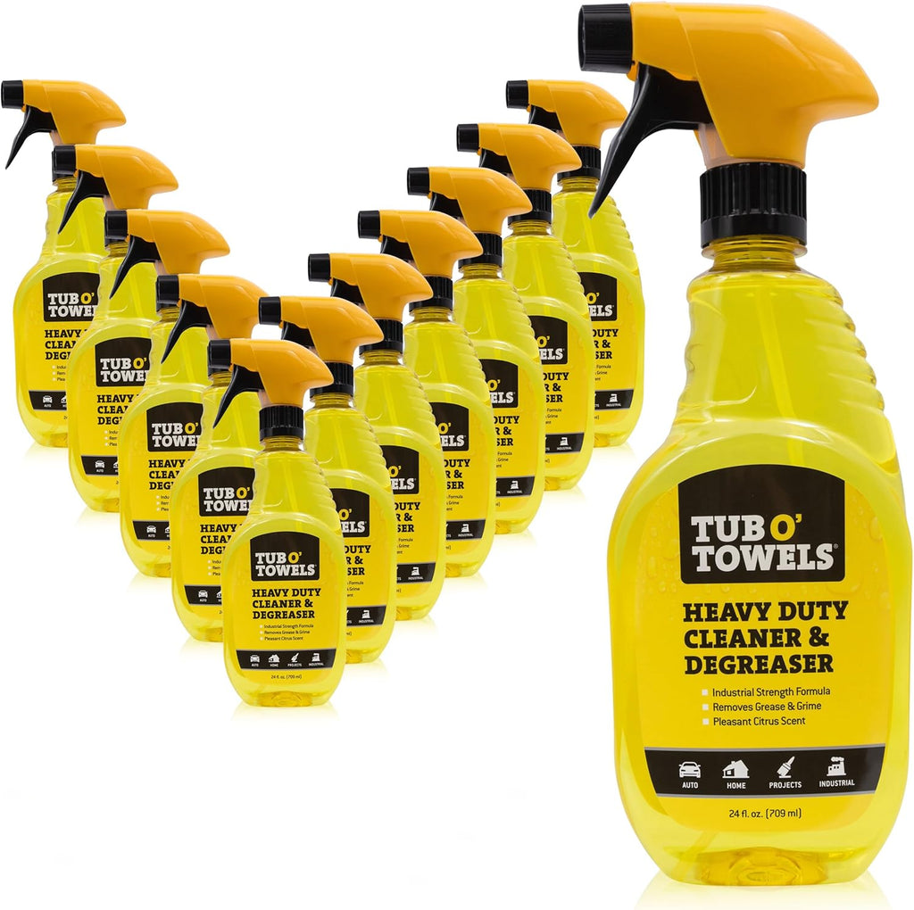 Tub O' Towels Heavy Duty Cleaner and Degreaser Spray Helps in Removing Oil Tar Paint Dirt Caulk Grease Grime Gunk Epoxies, Industrial Strength, Home & Auto, Made In USA, Citrus Scent, 24oz, 12-Pack