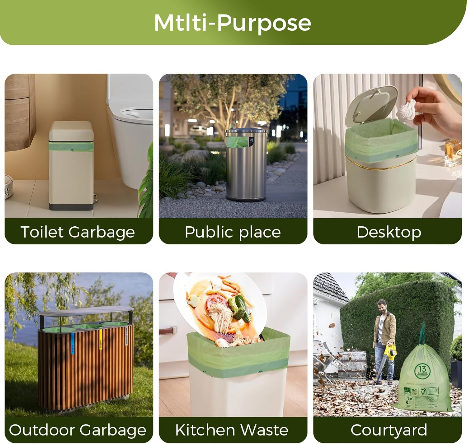 13 Gallon Compostable Trash Bags with Drawstring, Heavy Duty Extra Thick 1 Mil, 49.21 Liter, 30 Bags, Tall Kitchen Food Scrap Waste Bag, ASTM D6400, US BPI and OK Compost Home Certified