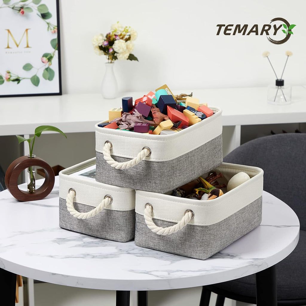 Temary Small Storage Baskets for Organizing 6Pcs Small Storage Bins, Decorative Collapsible Fabric Gift Baskets Empty for Home (White&Grey,11.8L x 7.9W x 5.3H inches)