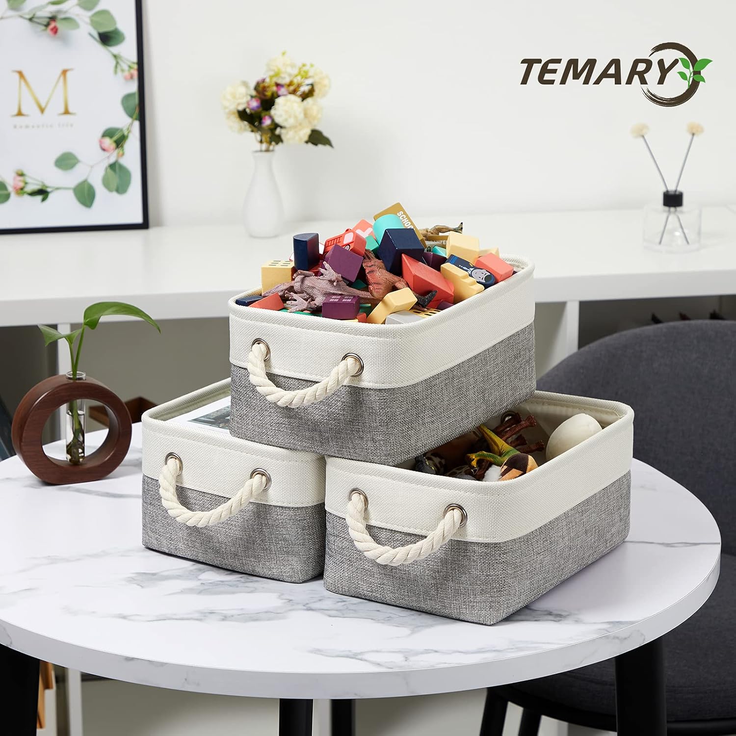 Temary Small Storage Baskets for Organizing 6Pcs Small Storage Bins, Decorative Collapsible Fabric Gift Baskets Empty for Home (White&Grey,11.8L x 7.9W x 5.3H inches)