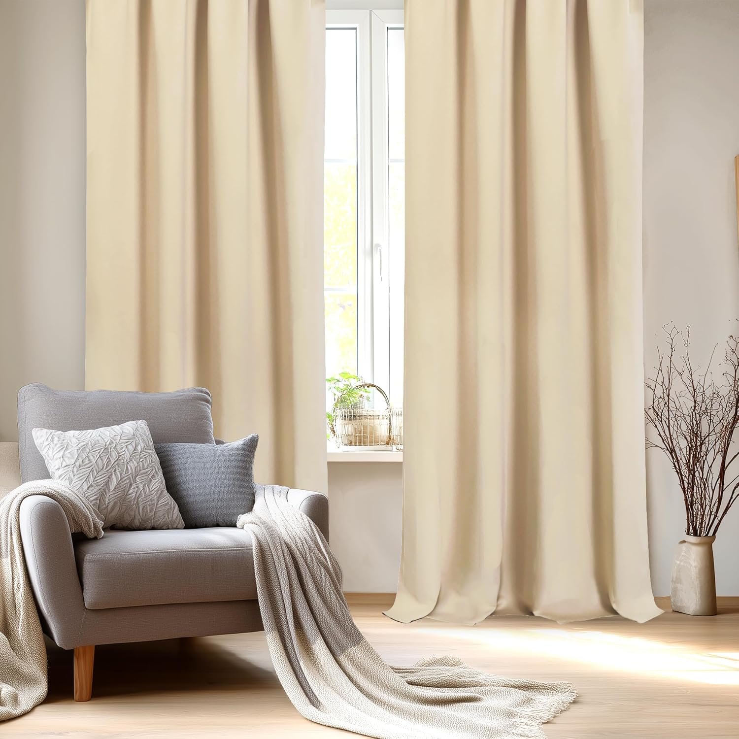 DWCN Blackout Curtains for Bedroom – Rod Pocket Thermal Insulated Noise Reducing Noise Reducing Drapes for Living Room, W 52 x L 95 Inch, 2 Panels, Beige