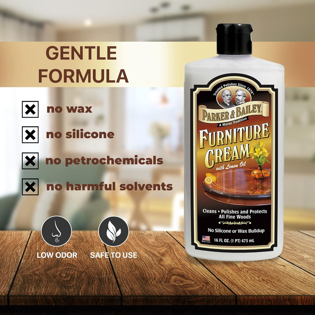 PARKER & BAILEY FURNITURE CREAM - Multisurface Wood Cleaner And Polish Furniture Quick Shine Restorer Protector Kitchen Cabinets Surface Cleaner House Cleaning Supplies Home Improvement, 16oz