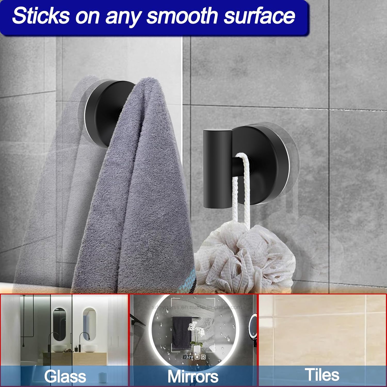 Suction Cup Hooks, Shower Hooks for Inside Shower – Removable Towel Hooks for Bathroom Window Glass Mirror Tile, Bath Robe Looafh Hook for Hanging – Waterproof & Rustproof, Black (4 Pack)