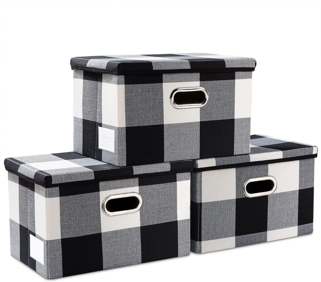 PRANDOM Collapsible Storage Bin with Lid [3-Pack] Fabric Foldable Storage Box Organizer Container Basket Cube with Cover for Home Bedroom Closet Office Nursery Black and White Grid(14.9x9.8x9.8)