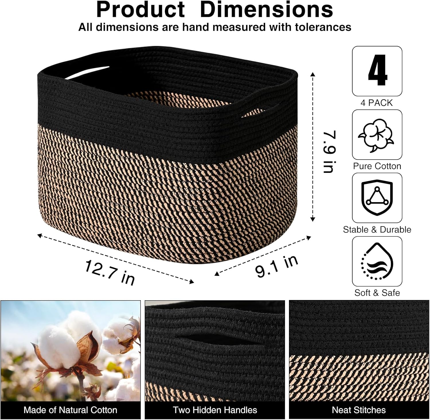Small Storage Baskets for Organizing Shelves, Cotton Rope Basket for Storage, Cute Rectangular Book Toy Basket, 12.7"×9.1"×7.9", 4 Packs, Black & Jute