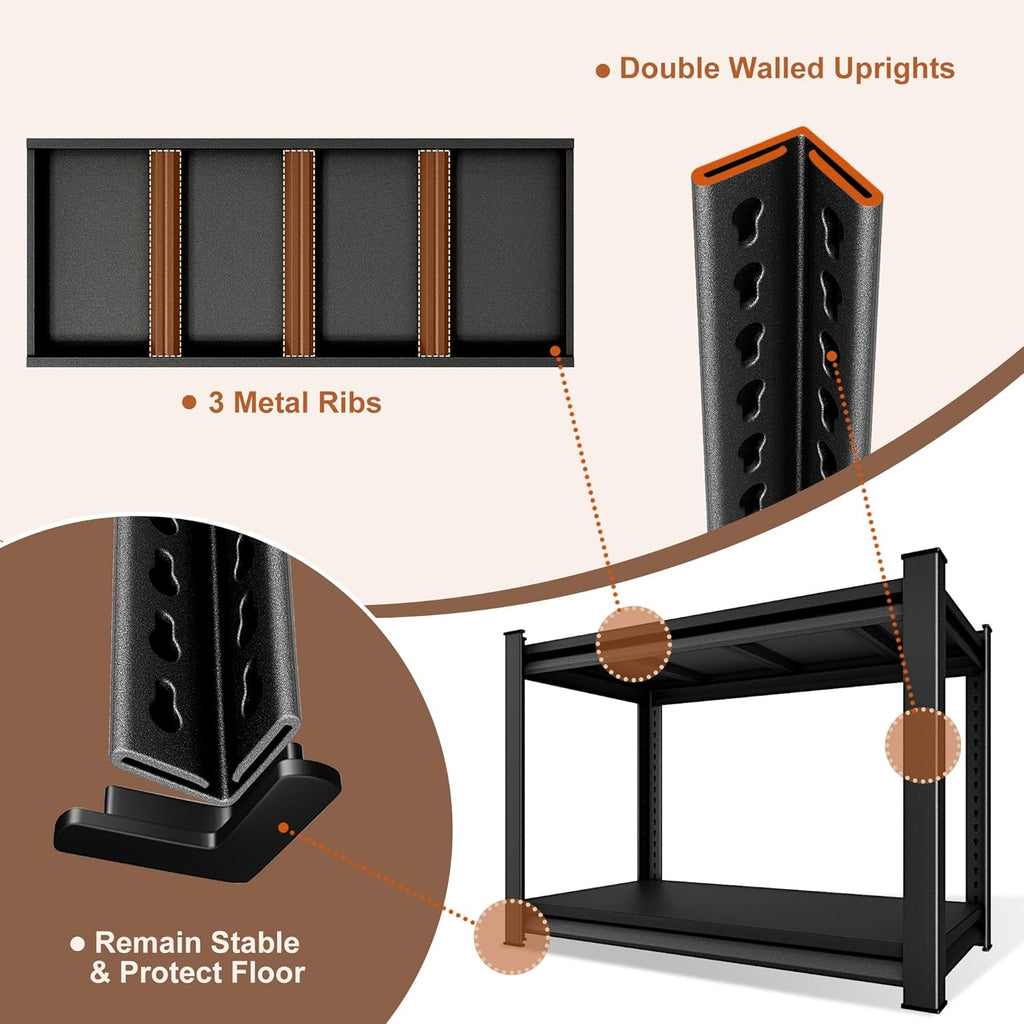 40" W 2-Tier Garage Shelving Heavy Duty, 1000LBS Loads Garage Storage Shelves, Metal Shelving Units and Storage Racks, Industrial Utility Shelf Heavy Duty,40" Wx16 Dx36 H, Black