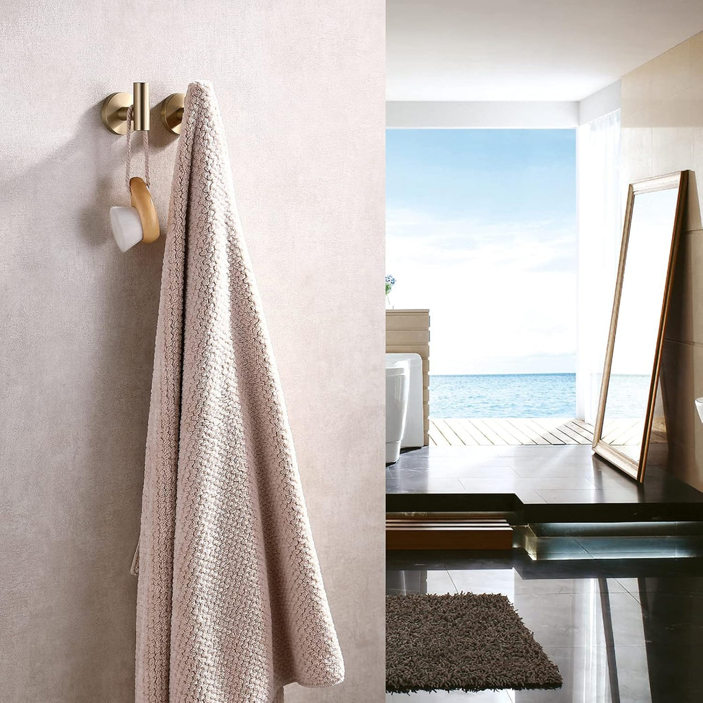 TASTOS Brushed Gold Bathroom Towel Coat Hook Stainless Steel, 2 Pack Robe Clothes Cabinet Closet Sponges Hooks Holder Round Style Heavy Duty Wall Hook for Bathroom Kitchen Hotel Wall Mounted