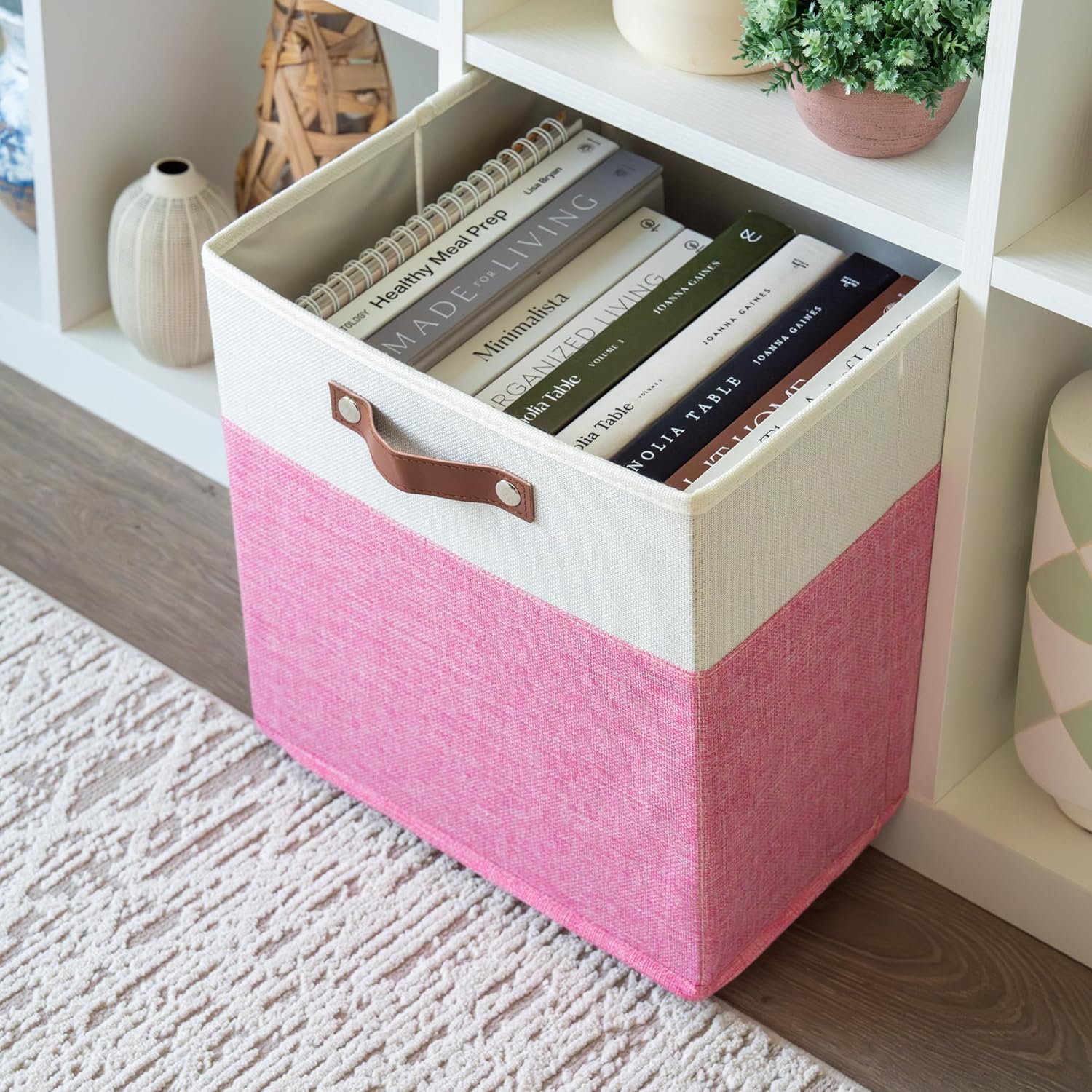 OrganiHaus 13x13 Cube Fabric Storage Bins Set of 4, Fabric Storage Cubes w/ Vegan Handles, 13 inch Collapsible Bins for Clothes & Toy Organizer, Cubbies Organizer, 13x13 Basket for Decor - Pink/White