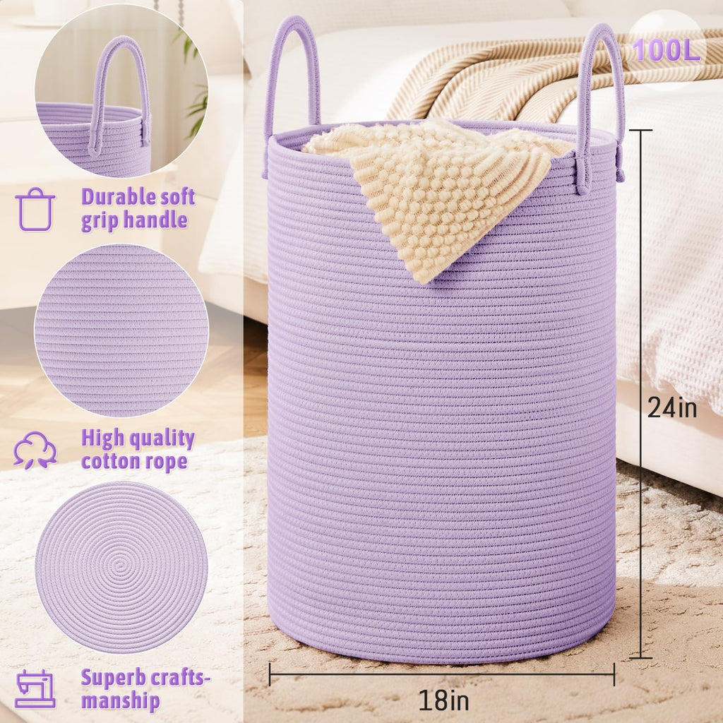 Laundry Basket,Woven Cotton Rope Laundry Hamper,100L for Decorative Storage of Dirty Clothes,Toys and Blankets in Bathroom,Baby Room and Living Room