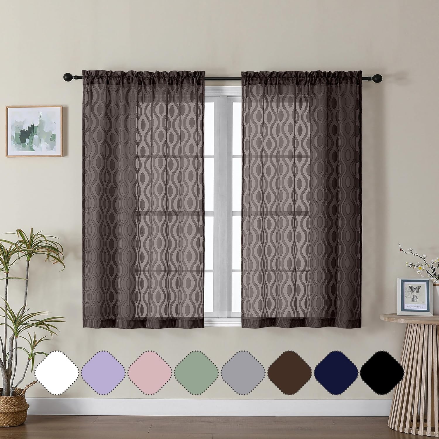 Aiyufeng Sheer Brown Curtains 45 Inch Length 2 Panels Set, Farmhouse Clip Jacquard Textured Short Sheer Curtains, Lightweight Chic Wavy Line Window Curtain Panels for Bedroom, 40" Wx45 L Inches
