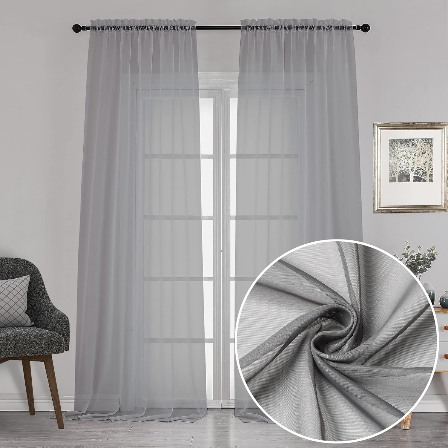 Chyhomenyc 120 Inch Long Sheer Curtains for Bedroom, Semi Sheer Privacy Curtains & Drapes Texture Sunlight Filtering for Hallway Window Guest Room Country House, 42x120 Inches, 2 Panel, Charcoal Grey