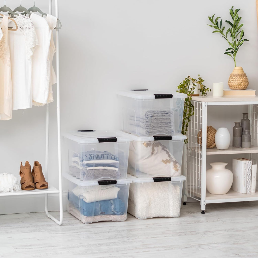 IRIS USA 40 Qt Stackable Plastic Storage Bins with Lids, 6 Pack - BPA-Free, Made in USA - See-Through Organizing Solution, Latches, Durable Nestable Containers, Secure Pull Handle - Clear