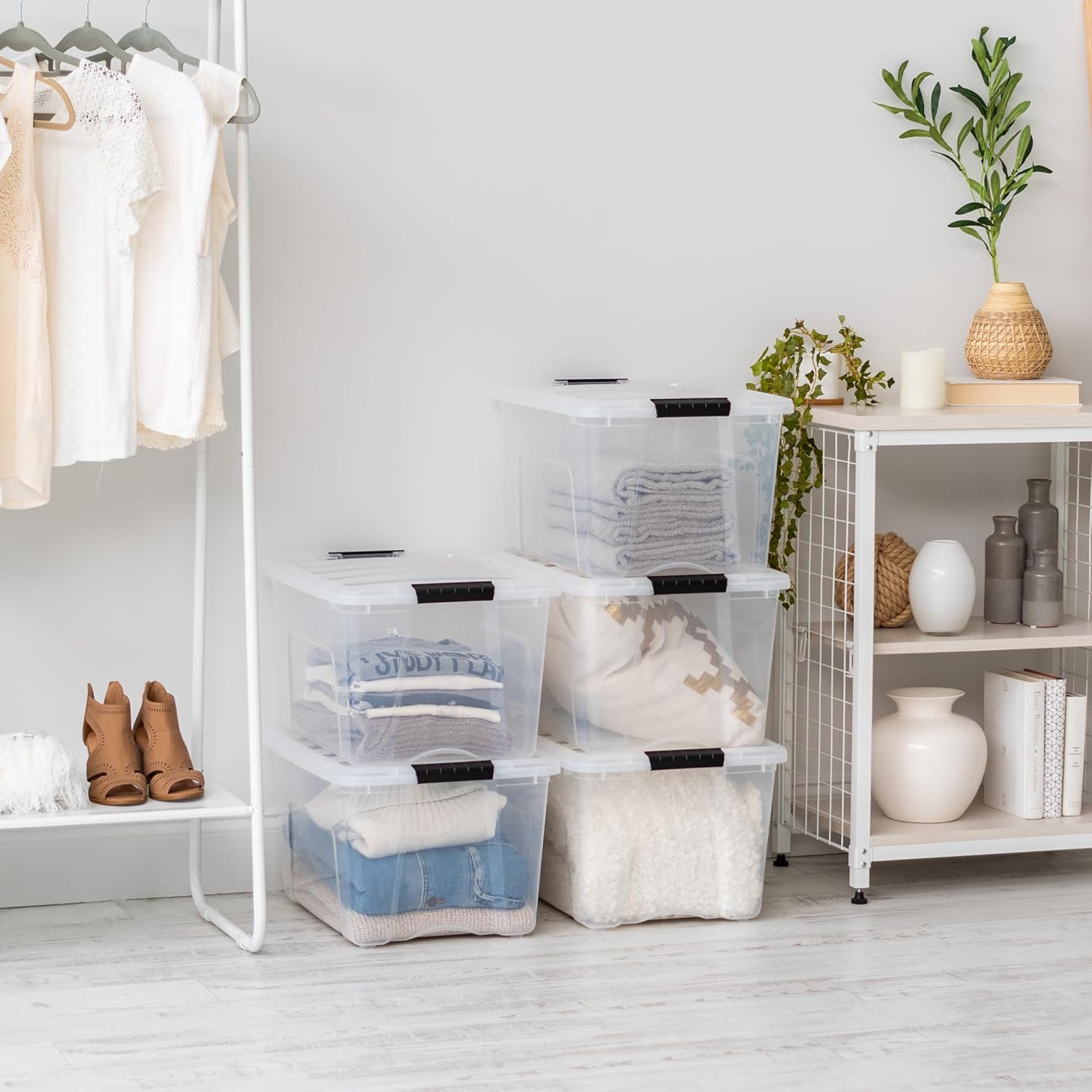 IRIS USA 40 Qt Stackable Plastic Storage Bins with Lids, 6 Pack - BPA-Free, Made in USA - See-Through Organizing Solution, Latches, Durable Nestable Containers, Secure Pull Handle - Clear